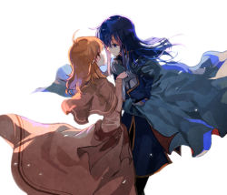 Rule 34 | 1boy, 1girl, bad id, bad pixiv id, blue eyes, blue hair, blush, brown eyes, cape, capelet, couple, dress, fire emblem, fire emblem: genealogy of the holy war, gloves, hetero, holding hands, imminent kiss, lana (fire emblem), long hair, looking at another, nintendo, orange hair, seliph (fire emblem), short hair, simple background, smile, tr night, white background, yori (tr)
