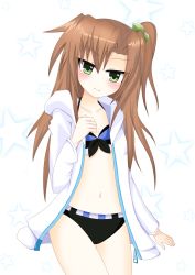 Rule 34 | 10s, 1girl, absurdres, bad id, bad pixiv id, blush, bow, brown hair, green eyes, hair bow, hair ornament, highres, if (neptunia), jacket, long hair, looking at viewer, navel, neptune (series), ribbon, solo, swimsuit, yasei