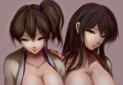 Rule 34 | 10s, 2girls, akagi (kancolle), black hair, breasts, breasts out, brown background, brown hair, cleavage, collarbone, glaring, hand on another&#039;s shoulder, japanese clothes, kaga (kancolle), kantai collection, kimono, large breasts, lipstick, long hair, looking at viewer, makeup, maroon background, multiple girls, nail polish, open clothes, out-of-frame censoring, side ponytail, simple background, upper body, yamasuke mk2, yellow eyes