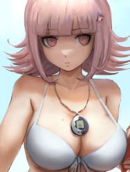 Rule 34 | 1girl, alternate neckwear, bare arms, bare shoulders, bikini, blunt bangs, breasts, brown eyes, closed mouth, collarbone, commentary, danganronpa (series), danganronpa 2: goodbye despair, danganronpa s: ultimate summer camp, flipped hair, front-tie bikini top, front-tie top, frown, gradient background, hair ornament, jewelry, large breasts, light brown hair, looking at viewer, mole, mole on breast, nanami chiaki, necklace, pink eyes, qosic, simple background, solo, spaceship hair ornament, swimsuit, upper body, white bikini