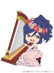 Rule 34 | 1girl, aika granzchesta, aria (manga), blue hair, bracelet, brown eyes, chibi, copyright name, copyright notice, dress, flower, full body, hair between eyes, hair flower, hair ornament, hands up, harp, high heels, highres, instrument, jewelry, long dress, looking at viewer, medium hair, music, official alternate costume, official art, open mouth, pink dress, pink flower, playing instrument, red flower, sidelocks, simple background, sitting, solo, swept bangs, white background