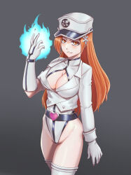 Rule 34 | 1girl, adapted costume, alternate costume, asymmetrical sleeves, belt, black belt, bleach, bleach: sennen kessen-hen, blue fire, breasts, brown eyes, brown hair, center opening, cleavage, closed mouth, corruption, curvy, dark persona, elbow gloves, evil smile, fire, gloves, groin, hair ornament, hairpin, hand up, hat, heart belt, highleg, highleg leotard, highres, inoue orihime, jacket, large breasts, leebigtree, leotard, long hair, long sleeves, military, military hat, military uniform, mind control, peaked cap, quincy (bleach), shiny skin, simple background, smile, solo, thighhighs, uneven sleeves, uniform, wandenreich uniform, white gloves, white hat, white jacket, white leotard, white thighhighs, wide hips