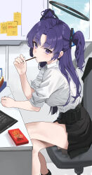 Rule 34 | 1girl, absurdres, bare legs, black skirt, blue archive, breasts, crossed legs, doodles, eating, food, gubbi on, halo, highres, indoors, looking at viewer, medium breasts, miniskirt, pleated skirt, pocky, purple eyes, purple hair, shirt, shirt tucked in, sitting, skirt, sleeves rolled up, solo, tablet pc, two side up, white shirt, yuuka (blue archive)