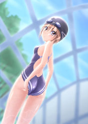 Rule 34 | ass, brown eyes, brown hair, competition swimsuit, from behind, goggles, goggles on head, highres, looking back, one-piece swimsuit, original, short hair, solo, swim cap, swimsuit, takuya kame