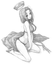 Rule 34 | 1girl, between legs, bikini, breasts, cleavage, eyes visible through hair, flower, full body, graphite (medium), greyscale, hair flower, hair ornament, halo, halterneck, hand between legs, hashimoto takashi, kantai collection, kneeling, large breasts, looking at viewer, mechanical halo, monochrome, parted lips, ribbon, sandals, sarong, simple background, solo, striped ribbon, swimsuit, tatsuta (kancolle), traditional media, tsurime, unworn sarong, water drop, wet, white background