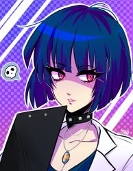 Rule 34 | 10s, 1girl, artist name, blue hair, bob cut, breasts, choker, cleavage, clipboard, collar, collarbone, eyelashes, eyeshadow, jewelry, lab coat, long eyelashes, looking at viewer, makeup, mao (expuella), necklace, parted lips, persona, persona 5, portrait, red eyes, shadow, solo, speech bubble, spoken skull, studded collar, takemi tae