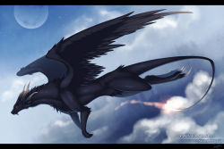 Rule 34 | claws, cloud, dragon, flying, konshin, letterboxed, moon, no humans, pixiv fantasia, pixiv fantasia sword regalia, sky, solo, star (sky), star (symbol), tail, wings