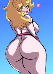 Rule 34 | 1girl, absurdres, ass, blonde hair, blue eyes, bodysuit, breasts, charge sol, heart, highres, huge ass, large breasts, legs, lipstick, long hair, looking at viewer, looking back, makeup, mario (series), nintendo, pink lips, ponytail, princess, princess peach, sideboob, smile, solo, the super mario bros. movie, thick thighs, thighs, tongue, tongue out