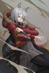 Rule 34 | 1girl, animal ears, arknights, black pantyhose, dutch angle, fur-trimmed hood, fur trim, grey background, grey hair, grey shirt, hair between eyes, highres, holding, holding knife, hood, jacket, knife, mask, mask around neck, open clothes, open jacket, pantyhose, projekt red (arknights), red jacket, sama (sama24654684), shirt, solo, wolf ears, yellow eyes