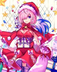 Rule 34 | 1girl, alternate costume, animal, animal on shoulder, bow, box, breasts, capelet, cleavage, cowboy shot, dress, fate/grand order, fate (series), fou (fate), fur-trimmed capelet, fur-trimmed dress, fur-trimmed gloves, fur-trimmed headwear, fur trim, garter straps, gloves, hat, highres, holding, holding box, kyarameru76, looking at viewer, mash kyrielight, medium breasts, pink hair, purple eyes, purple thighhighs, red capelet, red dress, red gloves, red hat, santa costume, santa gloves, santa hat, short dress, short hair, sideboob, sleeveless, sleeveless dress, solo, standing, strapless, strapless dress, thighhighs, white bow