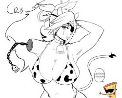 Rule 34 | 1girl, animal print, arc system works, baiken, bikini, breasts, chinese zodiac, cow horns, cow print, cow tail, cowbell, eyepatch, guilty gear, highres, horns, large breasts, monochrome, pizza steve, swimsuit, tail, year of the ox