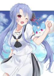 Rule 34 | 1girl, ;d, absurdres, arm at side, ascot, black ascot, blue hair, blue sky, blush, braid, commentary, cowboy shot, crown braid, fox, hair between eyes, hair over shoulder, hand up, happy, highres, inari (summer pockets), kirima (zs at ), long hair, looking at viewer, one eye closed, open mouth, puffy short sleeves, puffy sleeves, purple eyes, red eyes, sailor collar, school uniform, shirt, short sleeves, sidelocks, simple background, skirt, sky, smile, solo, sorakado ao, summer pockets, very long hair, white background, white sailor collar, white shirt, white skirt