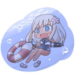 Rule 34 | 10s, 1girl, blonde hair, blue eyes, blush stickers, bubble, chibi, flower, hair ornament, inishie, innertube, kantai collection, long hair, open mouth, ro-500 (kancolle), school swimsuit, slippers, solo, swim ring, swimsuit, swimsuit under clothes, torpedo, underwater