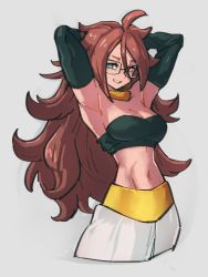 Rule 34 | android 21, arms behind head, dragon ball, dragon ball fighterz, glasses, grey background, hair between eyes, kemachiku, long hair, looking at viewer, majin android 21, midriff, navel, red hair, simple background, smile