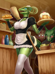Rule 34 | 1girl, apron, argonian, blue eyes, bread, breasts, colored skin, copyright name, dress, food, furry, furry female, green skin, highres, horns, large breasts, lifts her tail, lim, lizard tail, long sleeves, looking at viewer, lusty argonian maid, maid, maid headdress, orange hair, outline, plate, profile, puffy long sleeves, puffy sleeves, reptile girl, scales, slit pupils, solo, standing, sweet roll, tail, the elder scrolls, the elder scrolls v: skyrim, white apron, wrist cuffs