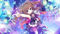 Rule 34 | 1girl, armpits, back bow, bangle, bare shoulders, beads, black dress, black skirt, blue eyes, bow, bracelet, brown hair, butterfly ornament, chandelier, concert, dot nose, dress, film grain, finger gun, from above, game cg, glint, holding, holding microphone, idol, idol clothes, izumi tsubasu, jewelry, layered skirt, long hair, microphone, musical note, non-web source, official art, plaid, re:stage!, red bow, shikimiya aone, short dress, skirt, smile, solo, sparkle, stage, stage lights, thighhighs, two side up, white thighhighs