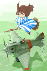 Rule 34 | 2girls, aircraft, airplane, broom, broom riding, brown hair, dress, fighter plane, flying, i-16, inui (jt1116), long hair, military, military vehicle, multiple girls, original, pilot, propeller, scarf, sidesaddle, sky, striped clothes, striped dress, vehicle focus