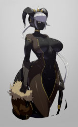 Rule 34 | 1girl, android, black horns, black skin, breasts, breasts apart, colored skin, cropped legs, fur trim, grey background, grey hair, highres, holding, horns, ill (ub1mo), large breasts, long hair, looking at viewer, mechanical arms, original, simple background, solo, tail, ub1mo, very long hair, yellow eyes
