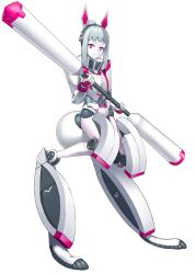Rule 34 | absurdres, android, animal ears, aqua hair, armor, colored skin, digitigrade, full body, highres, hispol (04-uma-alpha), holding, holding weapon, joints, looking at viewer, original, pink eyes, rabbit ears, rabbit tail, robot joints, science fiction, solo, standing, tail, weapon, white background, white skin
