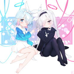 Rule 34 | 2girls, absurdres, arona (blue archive), barefoot, black coat, black hairband, black pantyhose, black sailor collar, black serafuku, black skirt, blue archive, blue eyes, blue hair, blue halo, blush, closed mouth, coat, colored inner hair, grey eyes, grey hair, hair over one eye, hairband, halo, heart, heart hands, heart hands duo, highres, long hair, long sleeves, looking at viewer, multicolored hair, multiple girls, open clothes, open coat, pantyhose, pink hair, plana (blue archive), pleated skirt, pu ht, red halo, sailor collar, school uniform, serafuku, short hair, skirt, smile, soles, toes, white sailor collar, white skirt
