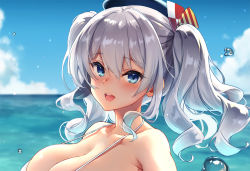 Rule 34 | 1girl, beret, bikini, black hat, blue eyes, blurry, blurry background, blush, breasts, cleavage, cloud, commentary request, day, hair between eyes, hat, kantai collection, kashima (kancolle), kekocha, large breasts, long hair, looking at viewer, ocean, outdoors, parted lips, portrait, sidelocks, silver hair, sky, solo, swimsuit, water, water drop, wavy hair, white bikini