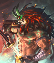Rule 34 | 1boy, armor, artist request, bandages, card (medium), chaos online, dark persona, drawing sword, fingerless gloves, gloves, glowing, glowing eye, green eyes, holding, holding sword, holding weapon, horns, japanese armor, katana, long hair, male focus, mask, muscular, navel, nipples, official art, profile, red hair, sheath, topless male, shoulder armor, sode, solo, sword, the bloodiator, tusks, unsheathing, upper body, weapon