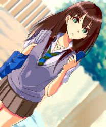 Rule 34 | 1girl, bad id, bad pixiv id, bag, blurry, blurry background, brown hair, brown skirt, cellphone, collared shirt, cowboy shot, day, dutch angle, earrings, green eyes, green necktie, grey sweater, highres, holding, holding bag, holding phone, idolmaster, idolmaster cinderella girls, jewelry, long hair, looking at viewer, miniskirt, multicolored hair, necktie, outdoors, parted lips, phone, pleated skirt, purple hair, school bag, shibuya rin, shiki (0802makimari), shirt, short sleeves, skirt, smartphone, solo, standing, striped necktie, striped neckwear, sweater, sweater vest, two-tone hair, white shirt