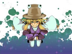 Rule 34 | 1girl, :&gt;, bad id, bad pixiv id, blonde hair, female focus, full body, gradient background, green eyes, hair ornament, hat, moriya suwako, outstretched arms, pyonta, shirotsume, solo, spread arms, thighhighs, touhou, white background, wide sleeves, zettai ryouiki