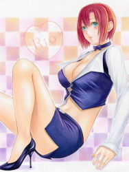 Rule 34 | 1girl, bad id, bad pixiv id, blush, bow, bowtie, breasts, character name, cleavage, colored pencil, corrupted metadata, croupier, female focus, green eyes, juliejulie, large breasts, miniskirt, navel, pencil, pencil skirt, red hair, rio rollins, short hair, side slit, skirt, solo, super blackjack, traditional media