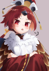 Rule 34 | 1girl, benienma (fate), bird hat, blush, brown kimono, commentary request, crossed arms, fate/grand order, fate (series), feather trim, grey background, highres, japanese clothes, kimono, long hair, looking at viewer, low ponytail, open mouth, red eyes, red hair, ronna, simple background, solo, triangle mouth, wide sleeves