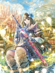 Rule 34 | 1girl, armor, blue eyes, blue sky, brown hair, city, cloud, cloudy sky, commentary request, day, fantasy, feet out of frame, fingerless gloves, flower, gloves, grass, green eyes, hair flower, hair ornament, highres, holding, holding sword, holding weapon, long hair, looking at viewer, original, pauldrons, plate armor, sakimori (hououbds), sheath, sheathed, shoulder armor, sitting, sky, smile, solo, sword, very long hair, weapon