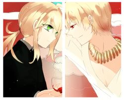 Rule 34 | 1boy, 1girl, alcohol, artist request, artoria pendragon (all), artoria pendragon (fate), blonde hair, cup, drinking glass, fate/zero, fate (series), gilgamesh (fate), green eyes, jewelry, long hair, necklace, necktie, official alternate costume, ponytail, red eyes, saber (fate), wine, wine glass