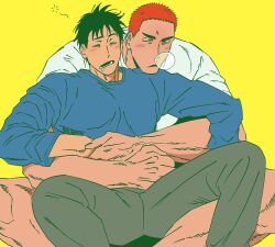 Rule 34 | 2boys, balnom, bara, character request, couple, hug, hug from behind, male focus, multiple boys, muscular, muscular male, nose bubble, pectorals, saliva, short hair, sitting between lap, slam dunk (series), squeans, spread legs, thick eyebrows, yaoi, yellow background