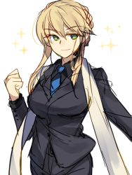 Rule 34 | 1girl, artoria pendragon (fate), artoria pendragon (lancer) (fate), blue necktie, braid, clenched hand, cowboy shot, fate/grand order, fate (series), formal, french braid, necktie, nikame, pant suit, pants, sidelocks, sketch, smile, solo, sparkle background, suit, white background
