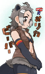 Rule 34 | 1girl, american beaver (kemono friends), american flag, animal ears, antenna hair, appleq, beaver ears, beaver tail, bike shorts, bike shorts under shorts, black bra, bra, breast pocket, breasts, brown eyes, brown vest, cleavage, collared vest, commentary request, cowboy shot, cutoffs, detached collar, elbow gloves, from side, fur collar, gloves, grey hair, grey shorts, hair intakes, hair ornament, hairclip, high collar, highres, kemono friends, looking down, low ponytail, medium hair, multicolored hair, navel, pocket, short shorts, shorts, shorts under shorts, small breasts, solo, stomach, tail, torn clothes, torn sleeves, underwear, v arms, vest