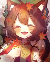 Rule 34 | 1girl, animal ear fluff, animal ears, blush, brown hair, cat ears, chen, chikuwa (tikuwaumai ), chinese clothes, closed eyes, earrings, falling leaves, fang, green hat, hand up, happy, hat, highres, holding, holding leaf, jewelry, leaf, maple leaf, mob cap, multiple tails, open mouth, red vest, shirt, short hair, sidelocks, single earring, smile, solo, star (symbol), tail, teeth, touhou, two tails, upper body, vest, white shirt, yellow neckwear