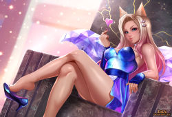 Rule 34 | 1girl, ahri (league of legends), animal ears, arm rest, artist name, bare legs, blonde hair, blue dress, blue eyes, blue gloves, blue skirt, breasts, crossed legs, dress, exlic, fingerless gloves, fingernails, fox ears, gloves, hair ornament, heart, high heels, k/da (league of legends), k/da ahri, league of legends, looking at viewer, medium breasts, multicolored hair, nail polish, parted lips, patreon username, pink lips, pink nails, shiny skin, shoe dangle, sitting, skirt, smile, solo, thighs, two-tone hair, watermark, web address