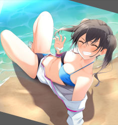 Rule 34 | 1girl, :d, ^ ^, aqua nails, arm support, bare legs, bare shoulders, barefoot, beach, bikini, bikini under clothes, black hair, blush, breasts, cleavage, closed eyes, collarbone, commentary request, facing viewer, fed (giba), grin, highres, idolmaster, idolmaster cinderella girls, jacket, knees up, long hair, long sleeves, lying, medium breasts, mole, mole under eye, multicolored bikini, multicolored clothes, nail polish, navel, ocean, on back, on ground, open clothes, open jacket, open mouth, sand, smile, solo, stomach, sunazuka akira, sunlight, swimsuit, teeth, twintails, unzipped, v-shaped eyebrows, water, white jacket