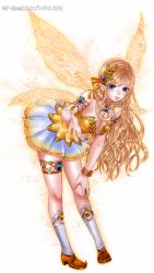 Rule 34 | 1girl, akari1205, aqua eyes, blonde hair, blue skirt, bracelet, breasts, character request, cleavage, copyright name, fairy wings, full body, gradient clothes, hair ribbon, jewelry, large breasts, long hair, lots of jewelry, necklace, official art, parted lips, pleated skirt, pointy ears, pointy footwear, ribbon, shoes, simple background, skirt, smile, socks, solo, swept bangs, unison quest, very long hair, white background, white socks, wings, yellow skirt