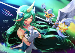 Rule 34 | 1girl, alternate costume, alternate hair color, armlet, breasts, character name, closed eyes, gloves, green hair, hair ornament, highres, horns, league of legends, long hair, magical girl, niu, own hands together, pointy ears, single horn, skirt, solo, soraka (league of legends), staff, star guardian (league of legends), star guardian soraka, very long hair, white gloves, white wings, wings