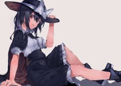 Rule 34 | 1girl, absurdres, arm support, bad id, bad twitter id, beige background, black cape, black hair, black hat, black skirt, blouse, bow, breasts, brown cape, cape, commentary request, fedora, frilled skirt, frills, from side, hair between eyes, hair bow, hand on headwear, hand up, hat, hat bow, high-waist skirt, highres, knee up, looking at viewer, looking to the side, medium hair, muraryo, orange eyes, parted lips, puffy short sleeves, puffy sleeves, red eyes, ribbon, ribbon-trimmed skirt, ribbon trim, shirt, short sleeves, sidelocks, simple background, sitting, skirt, small breasts, solo, touhou, two-sided cape, two-sided fabric, usami renko, white bow, white ribbon, white shirt