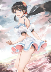 Rule 34 | 1girl, :d, ass, backless dress, backless outfit, bad id, bad pixiv id, black hair, blue eyes, blush, choker, cloud, day, dress, dutch angle, flower, hair bobbles, hair flower, hair ornament, highres, kinhasu, looking at viewer, ocean, open mouth, original, outdoors, panties, puffy sleeves, smile, solo, standing, summer, twintails, underwear, upskirt