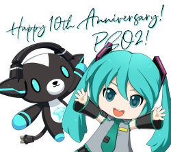 Rule 34 | anniversary, aqua eyes, aqua hair, aqua necktie, arkuma, bare shoulders, black skirt, black sleeves, company connection, copyright name, crossover, detached sleeves, goodsmile company, grey shirt, hair ornament, headset, highres, long hair, looking at viewer, mikudayoo, miniskirt, necktie, official art, open mouth, outstretched arms, phantasy star, phantasy star online 2, plug, shirt, simple background, skirt, sleeveless, sleeveless shirt, smile, twintails, very long hair, white background