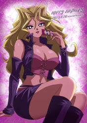 Rule 34 | 1girl, artist name, bare legs, blonde hair, breasts, card, cleavage, corset, crop top, dated, detached sleeves, hair between eyes, happy birthday, holding, holding card, jacket, kujaku mai, large breasts, long hair, looking at viewer, midriff, nanano thunder, navel, open clothes, open jacket, parted lips, pencil skirt, pink corset, purple jacket, sitting, skirt, solo, yu-gi-oh!, yu-gi-oh! duel monsters