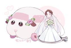 Rule 34 | 1girl, ame8pui, bouquet, bridal veil, bride, brown eyes, brown hair, commentary request, diamond (gemstone), dress, earrings, flower, gem, guinea pig, heart, holding, holding bouquet, jewelry, long dress, molcar, motor vehicle, pink flower, pui pui molcar, red lips, ring, rose, strapless, strapless dress, veil, wedding dress, wedding molcar, wheel, white dress, white flower