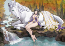 Rule 34 | 1girl, bare arms, bare legs, bare shoulders, barefoot, breasts, creature, closed eyes, feet, grey hair, highres, horse, long hair, long pointy ears, miso (b7669726), no bra, no panties, original, pointy ears, shoes, unworn shoes, unicorn, water, white horse