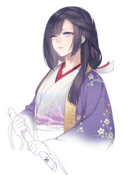 Rule 34 | 1girl, black hair, blue eyes, blunt bangs, braid, closed mouth, eyeshadow, fhalei, floral print, hair over shoulder, holding, holding knife, japanese clothes, kimono, knife, long hair, long sleeves, looking afar, looking away, makeup, obi, purple kimono, sash, sheath, sheathed, short sword, sketch, solo, standing, sword, tantou, unfinished, weapon, wide sleeves