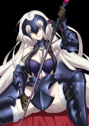 Rule 34 | 1girl, armor, armored dress, armpits, arms up, bare shoulders, black background, black gloves, bnc (bunshi), boots, bra, breasts, chain, cleavage, elbow gloves, fate/grand order, fate (series), gloves, greaves, headpiece, highres, holding, holding sword, holding weapon, jeanne d&#039;arc (fate), jeanne d&#039;arc alter (avenger) (fate), jeanne d&#039;arc alter (avenger) (third ascension) (fate), jeanne d&#039;arc alter (fate), knee boots, lace, lace-trimmed bra, lace trim, large breasts, long hair, looking at viewer, navel, pale skin, parted lips, reverse grip, shaded face, sitting, smile, solo, spread legs, sword, underwear, vambraces, very long hair, weapon, white hair