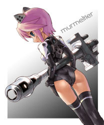 Rule 34 | 10s, 1girl, :o, ass, back, black background, black thighhighs, blue eyes, bodysuit, breasts, busou shinki, character name, doll joints, from behind, gloves, gradient background, gun, holding, holding weapon, joints, katahira masashi, kneepits, leotard, looking at viewer, looking back, murmeltier, open mouth, pink hair, profile, rifle, short hair, small breasts, solo, standing, thigh gap, thighhighs, weapon