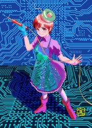 Rule 34 | 1girl, apron, aqua gloves, brown hair, chutohampa, circuit board, dress, full body, gloves, hands up, hat, holding, looking at viewer, original, print apron, purple dress, purple footwear, red eyes, shoes, short hair, short sleeves, single glove, smile, soldering iron, solo, standing